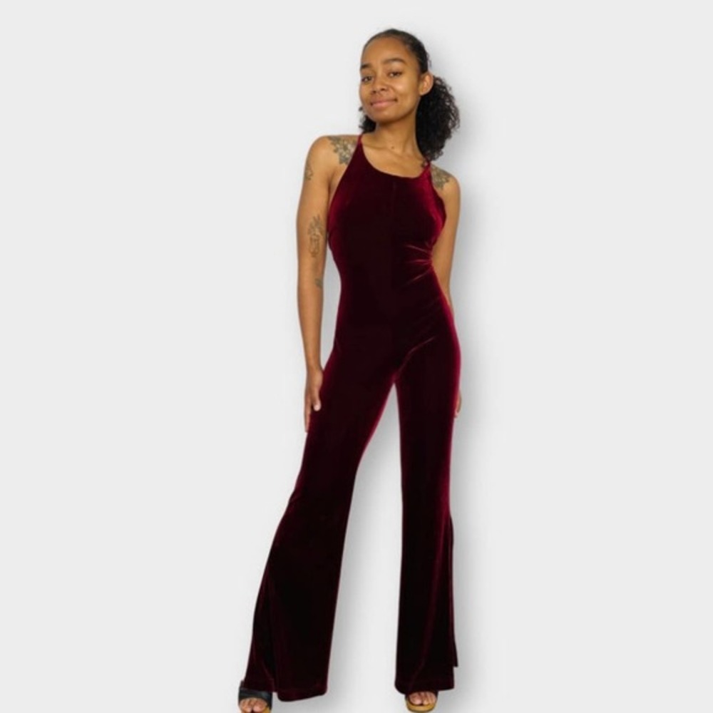 70s Mitra Modelle Burgundy‎ Velour Bellbottom Jumpsuit